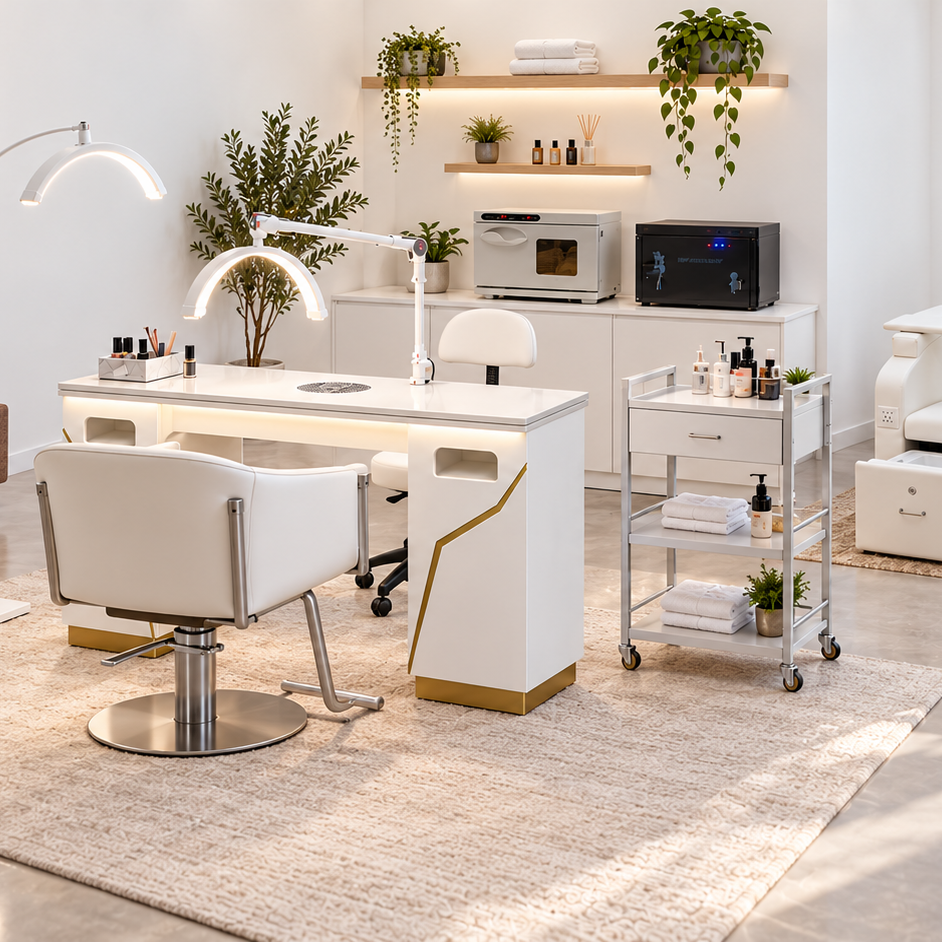 Warm Minimalist nail salon interior with white walls