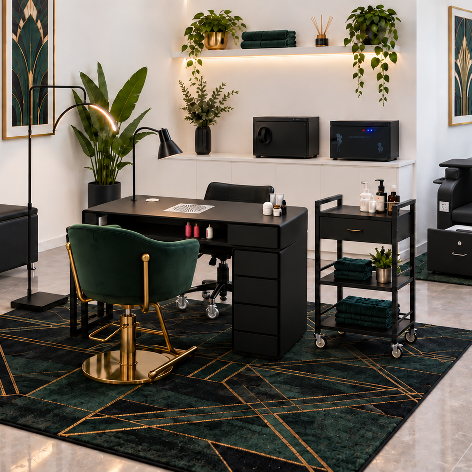 Emerald Art Deco nail salon interior with white walls