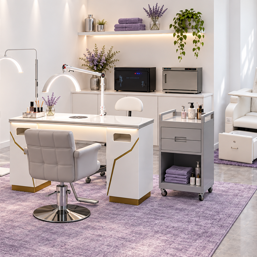 Lavender Silver nail salon interior with white walls