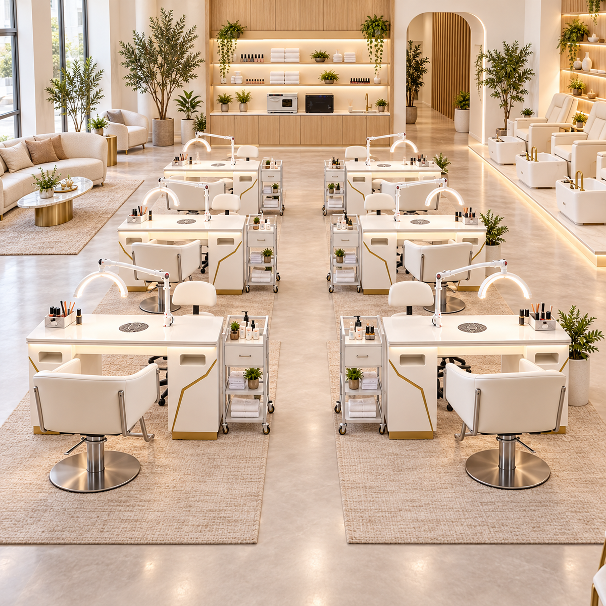 Warm Minimalist scalable four-to-ten-station commercial nail salon fitout package