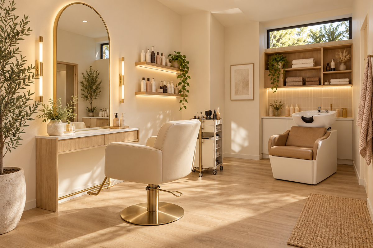 Warm Minimalist home-based 1-seat hair salon design concept