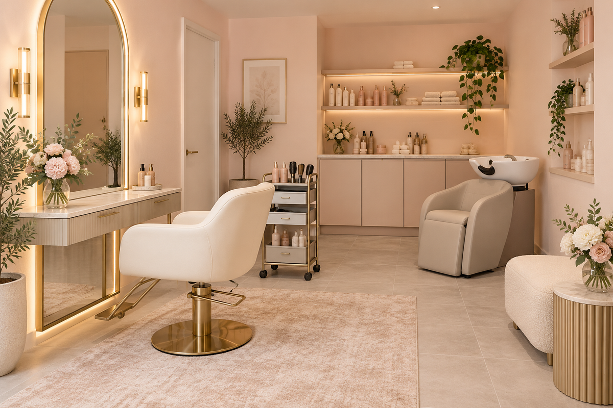 Soft Feminine home-based 1-seat hair salon design concept