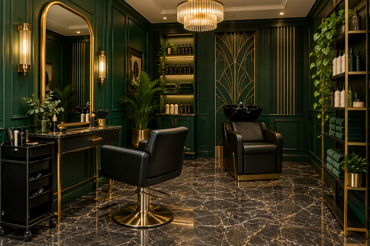 Emerald Art Deco home-based 1-seat hair salon design concept