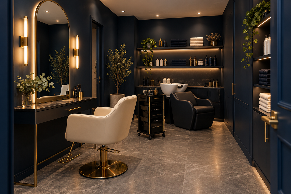 Midnight Navy home-based 1-seat hair salon design concept