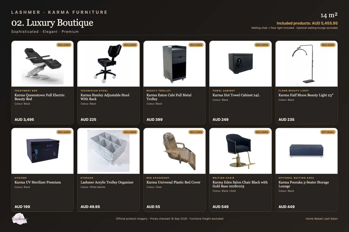 Luxury Boutique package product schedule with included furniture and optional lounge