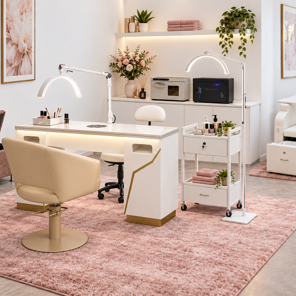 Soft Feminine nail salon interior with white walls