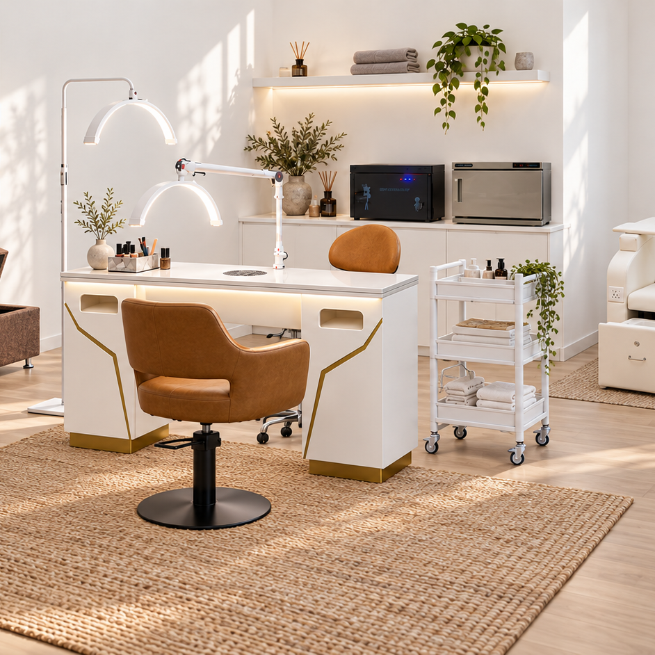 Japandi Spa nail salon interior with white walls