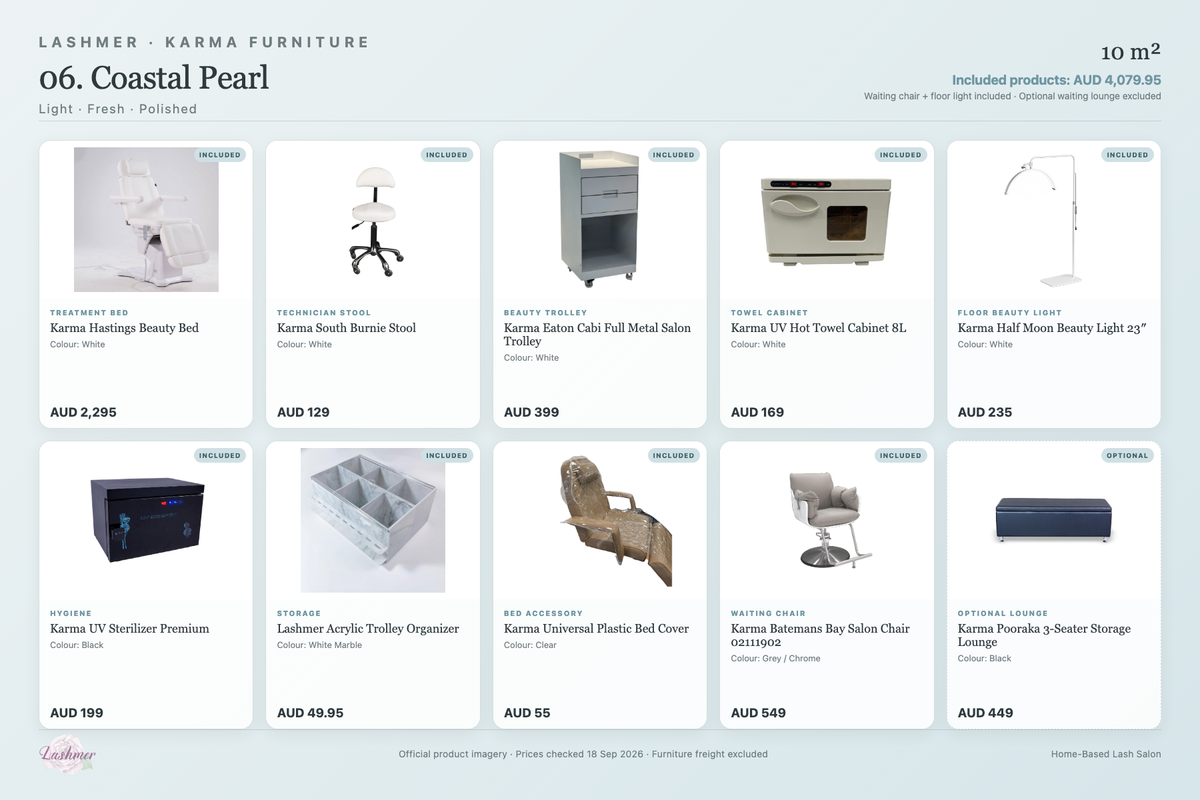 Coastal Pearl package product schedule with included furniture and optional lounge