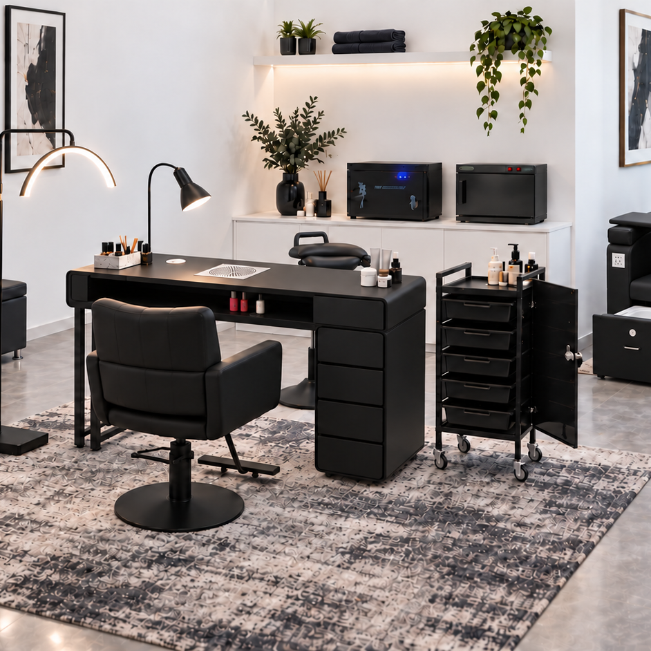 Urban Monochrome nail salon interior with white walls