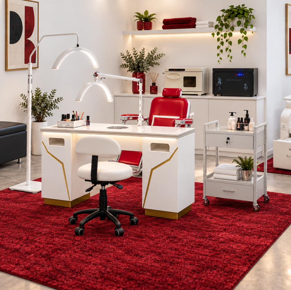 Retro Rouge nail salon interior with white walls