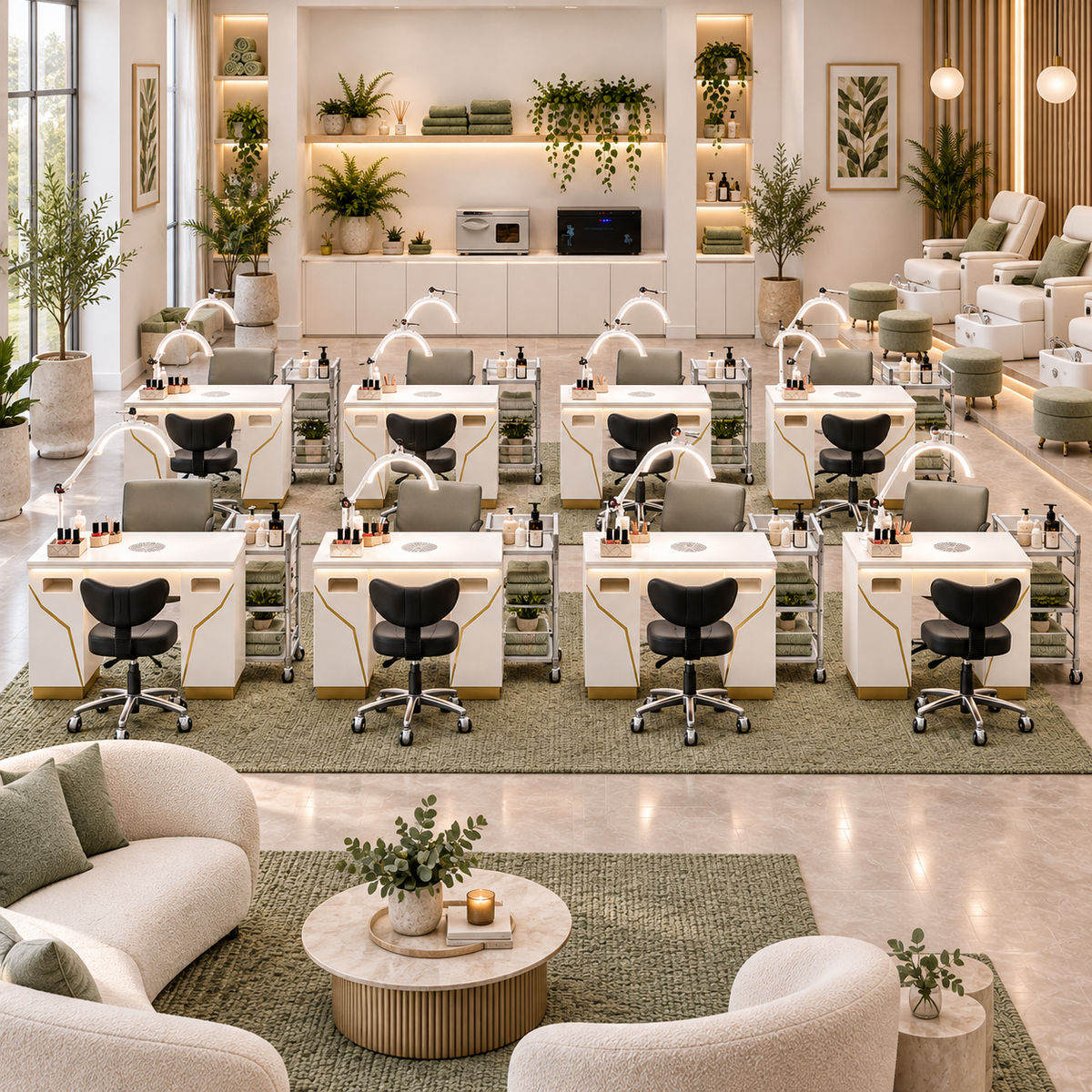 Botanical Sage commercial 4 to 10 station nail salon fitout package
