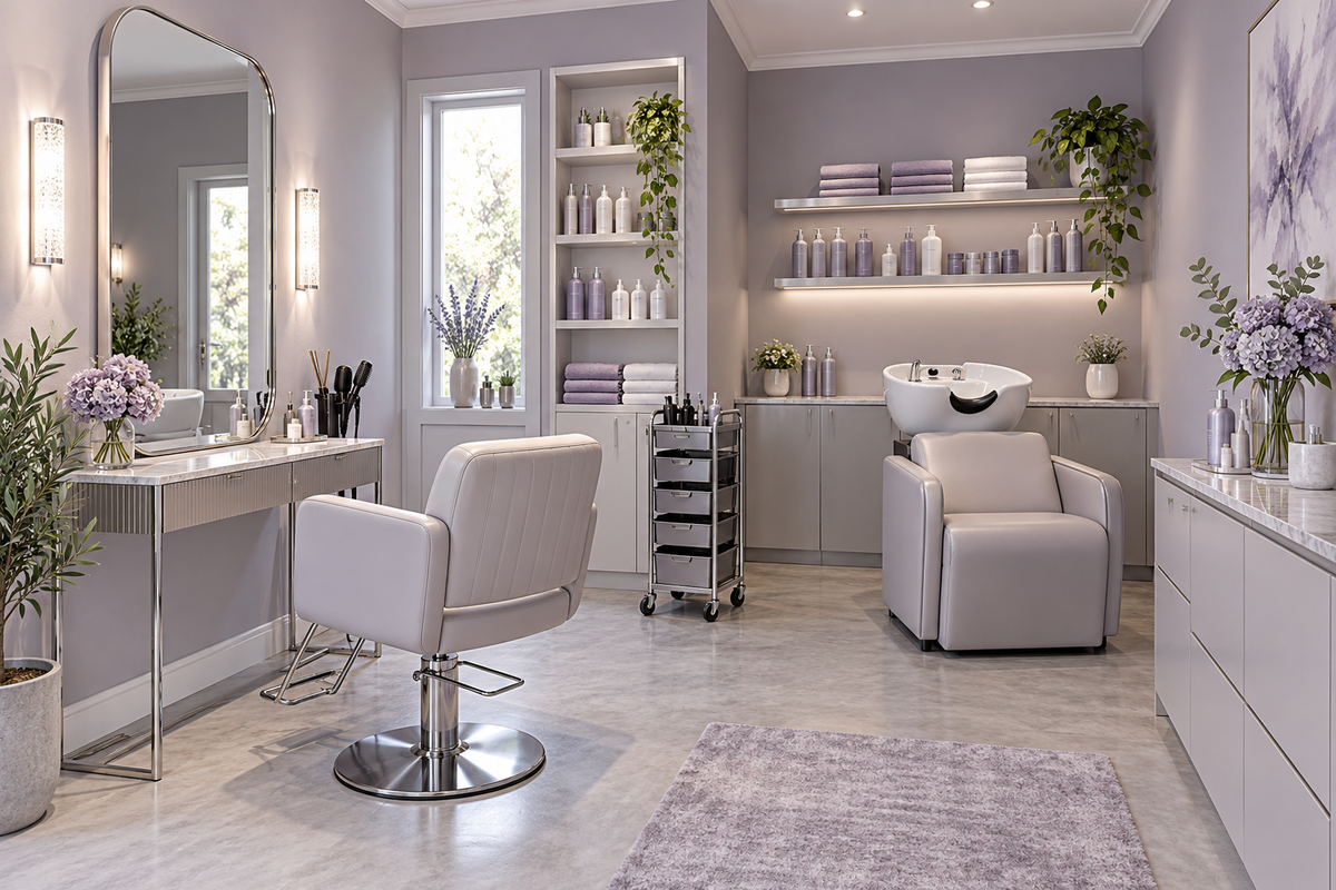 Lavender Silver home-based 1-seat hair salon design concept