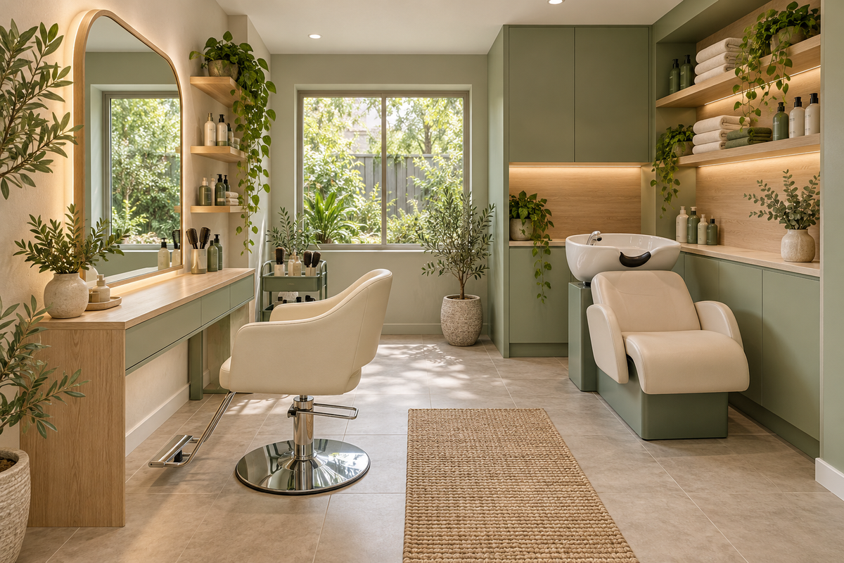 Botanical Sage home-based 1-seat hair salon design concept
