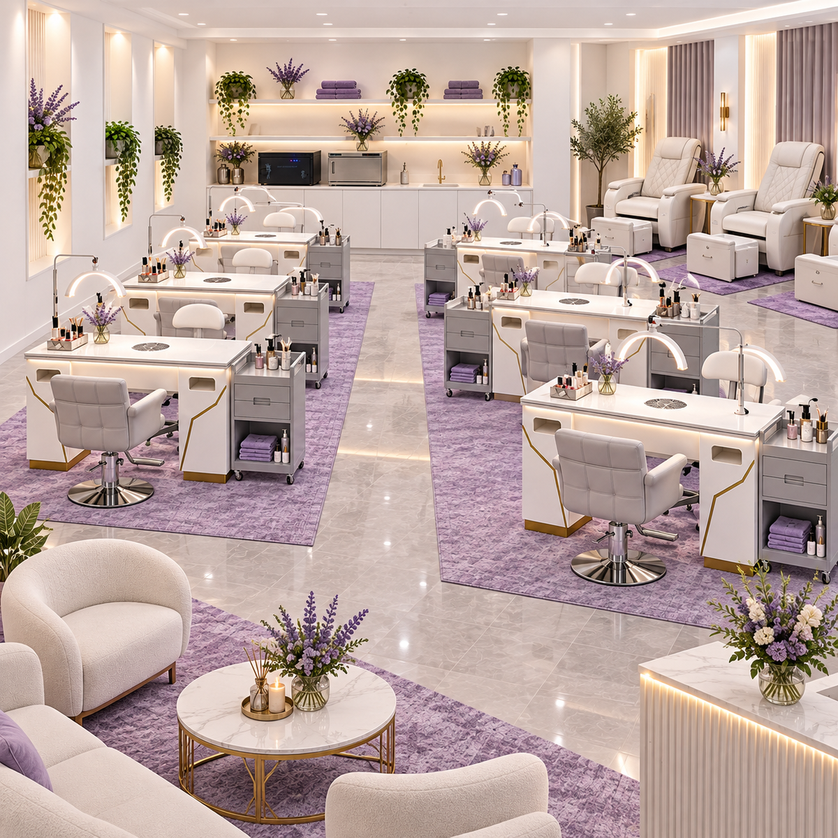 Lavender Silver commercial 4 to 10 station nail salon fitout package