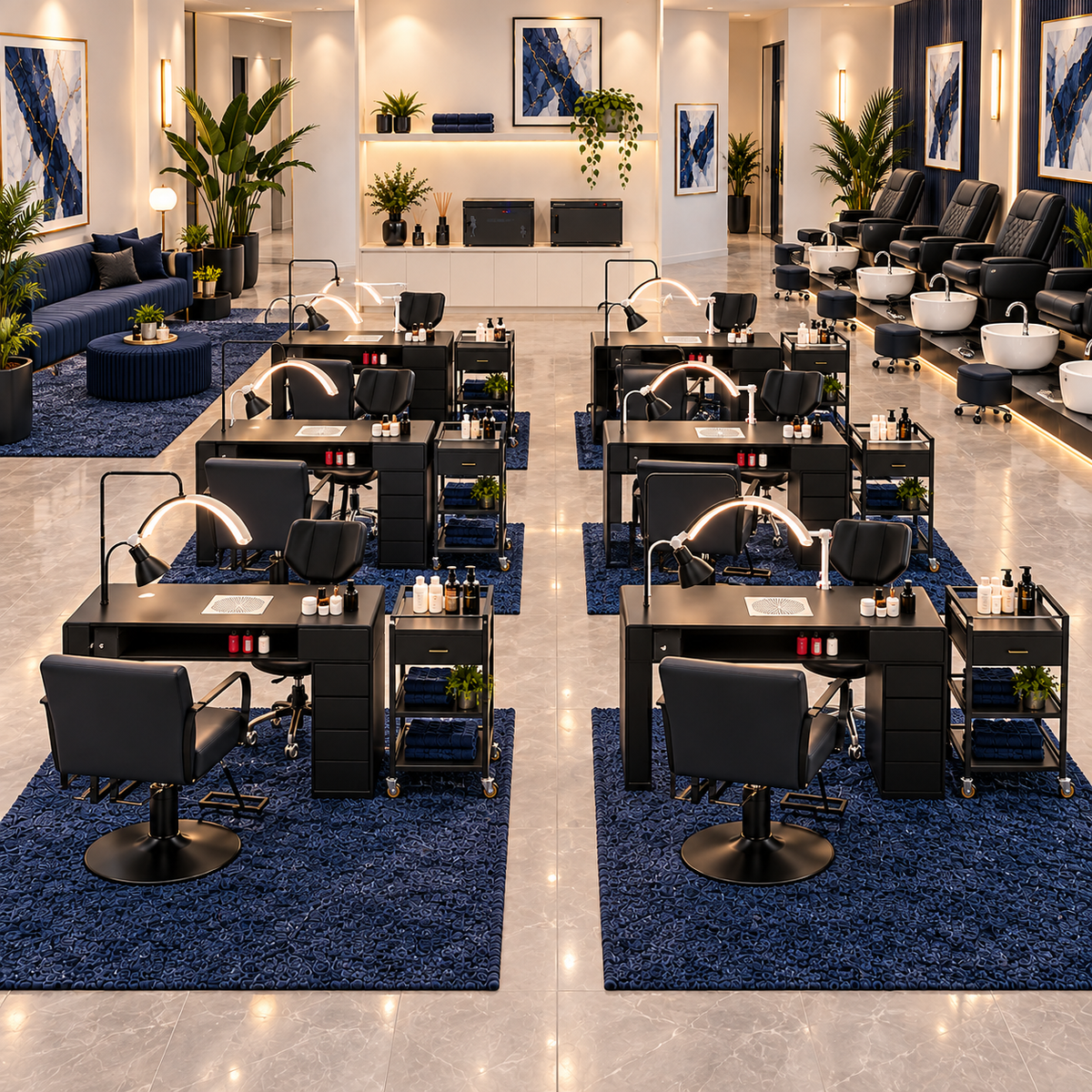 Midnight Navy commercial 4 to 10 station nail salon fitout package
