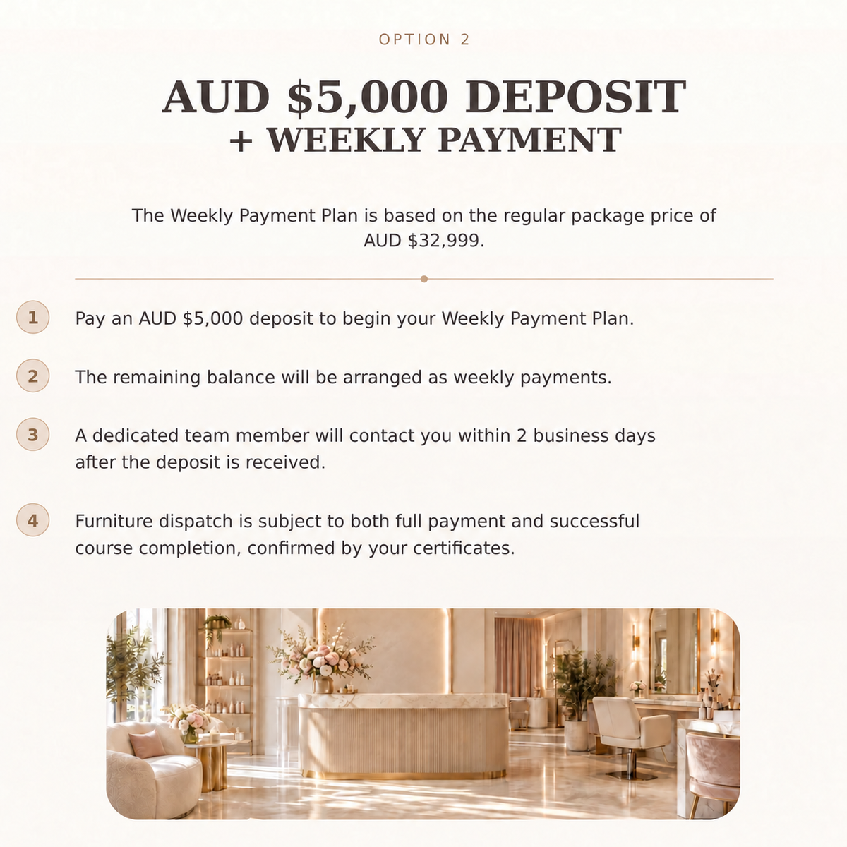 AUD 5,000 deposit weekly purchase plan – regular price AUD 32,999