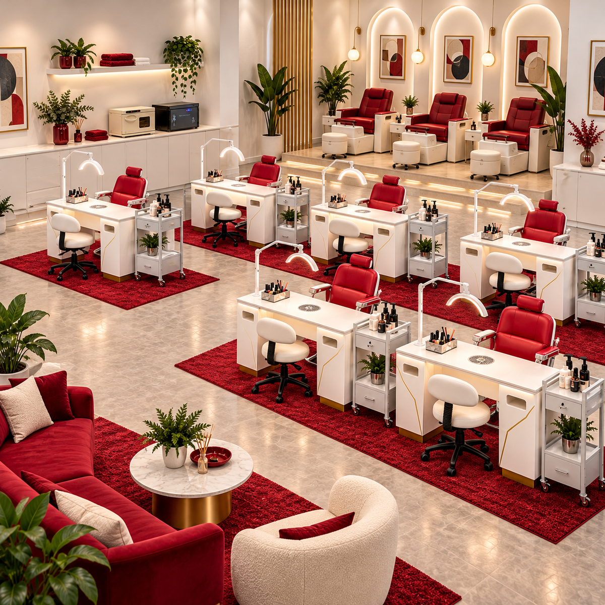 Retro Rouge commercial 4 to 10 station nail salon fitout package