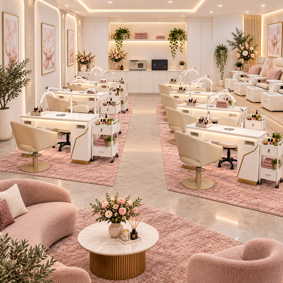 Soft Feminine commercial 4 to 10 station nail salon fitout package